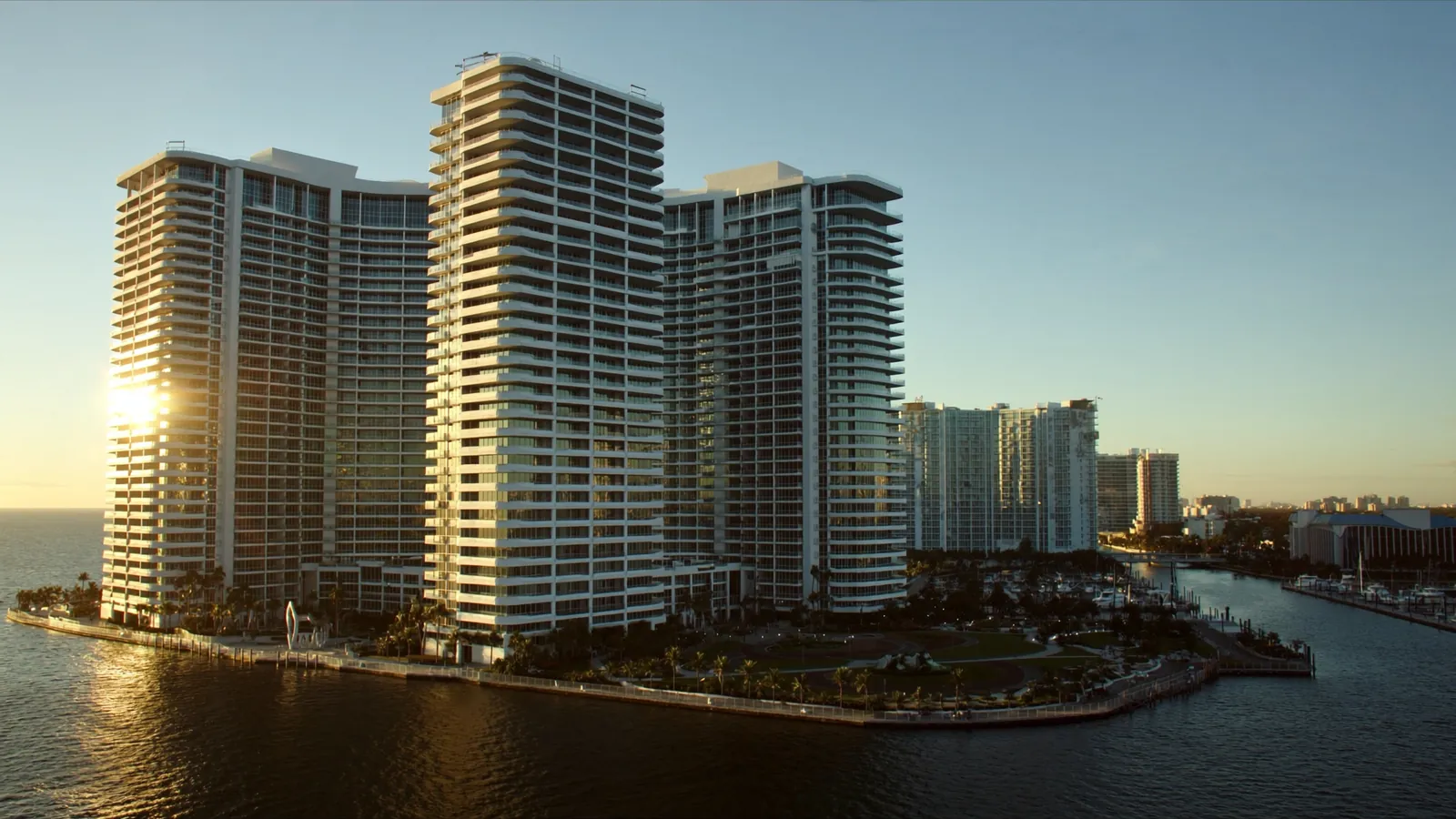 High-rise condominium towers across the Intracoastal Waterway in Aventura, Florida