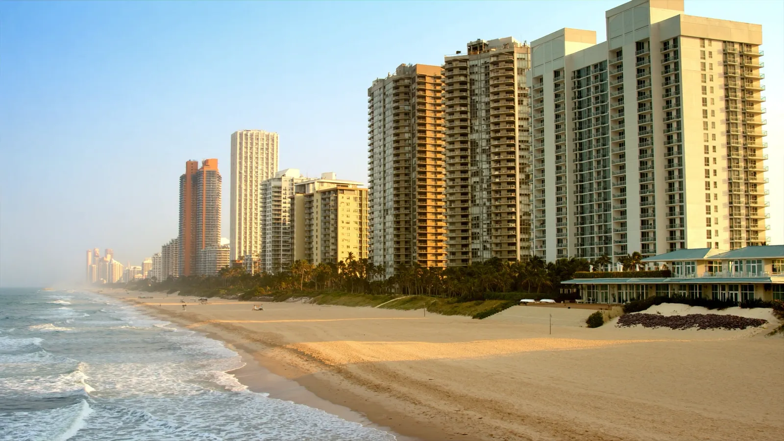 Oceanfront condominium towers seen from the beach in Sunny Isles Beach, Florida